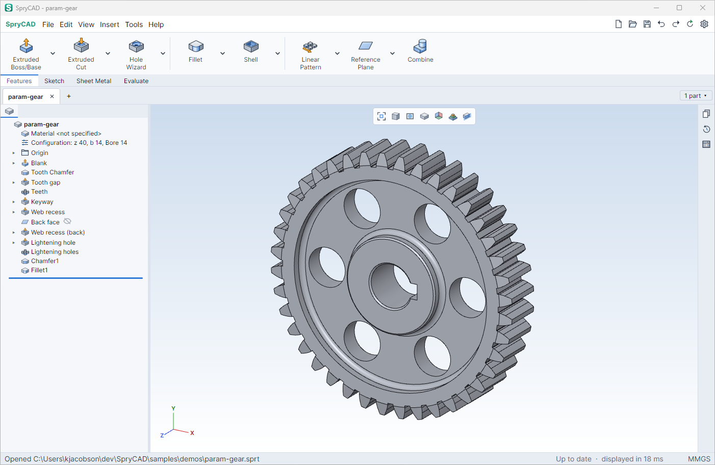 The SpryCAD main window with a spur gear, its design tree and the command tabs
